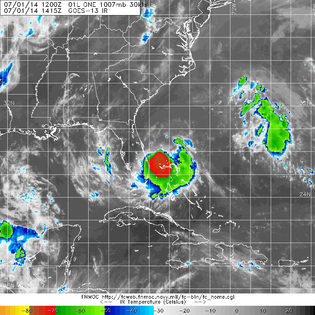 20140701.1415.goes-13.ircolor.01L.ONE.30kts.1007mb.27.5N.79.2W.100pc.jpg